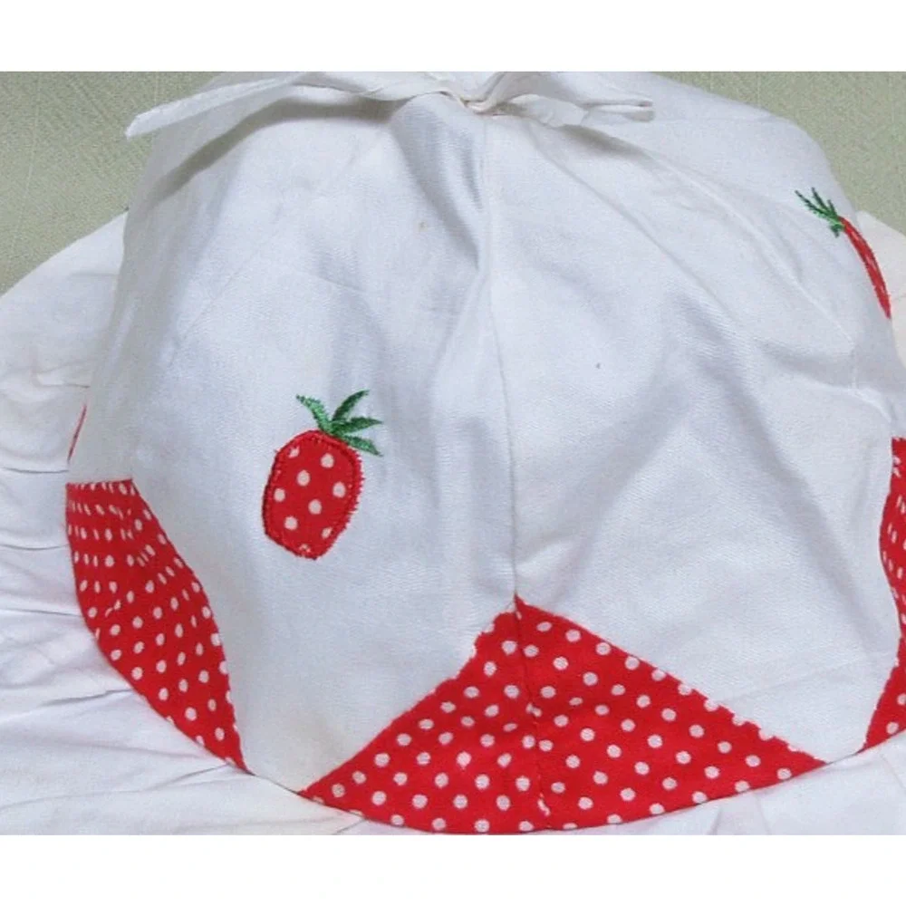 6-12 mo Vintage Strawberry Bucket Sun Hat w/ Pleated Rim & Bow